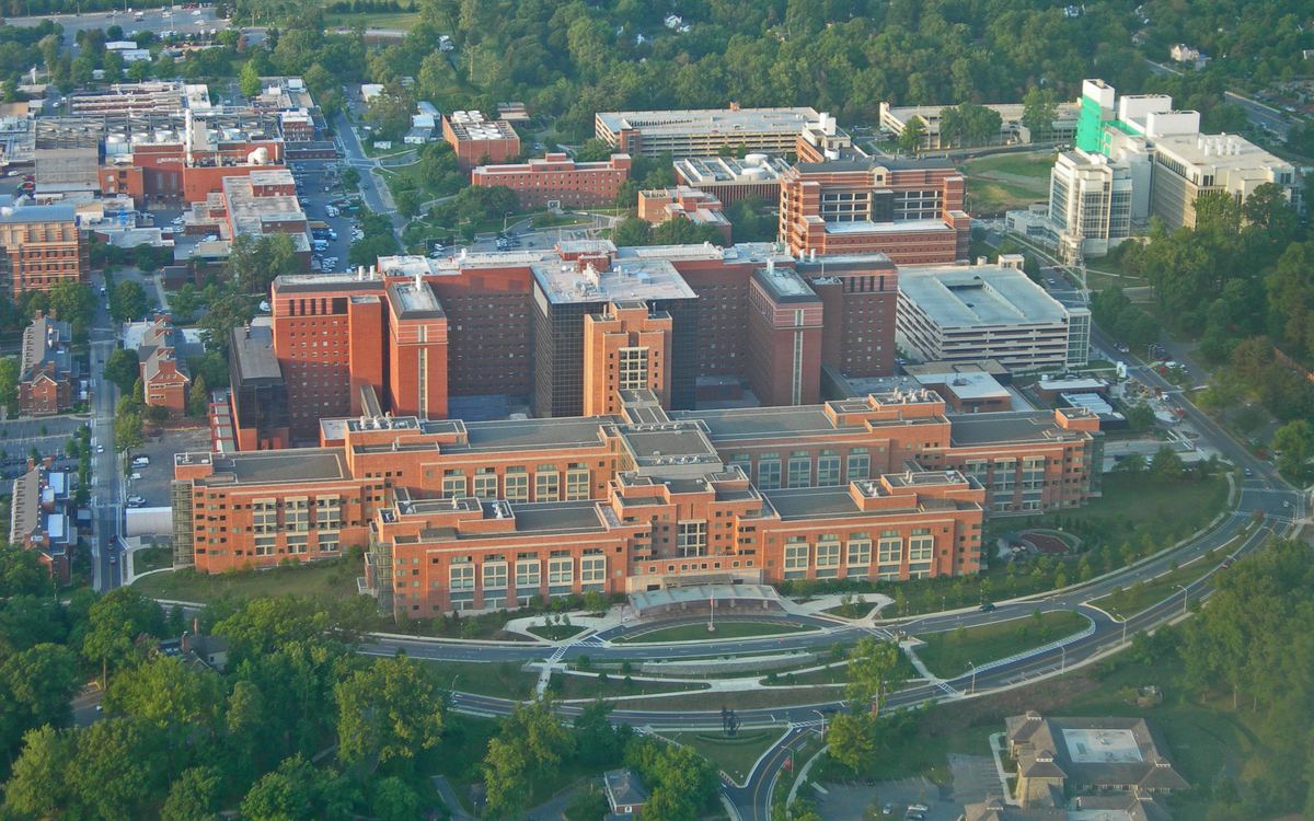 Aerial view of the NIH Clinical Center in Bethesda, Maryland
